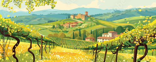 Summer Italy rural landscape with vineyards, green hills. Vector panorama background.