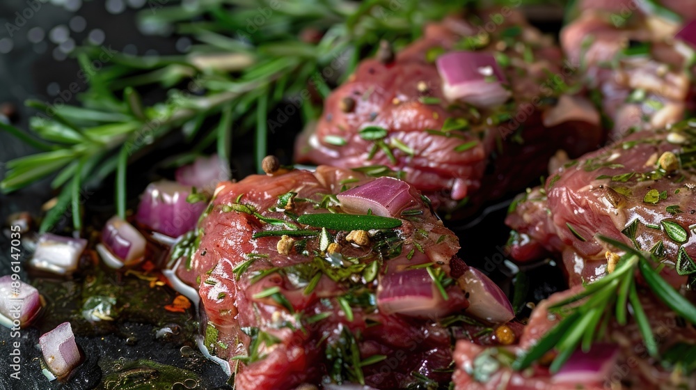 Steak marinated in herbs and spices before grilling, ready for the grill Steak marinated in herbs and spices before grilling, ready for the grill