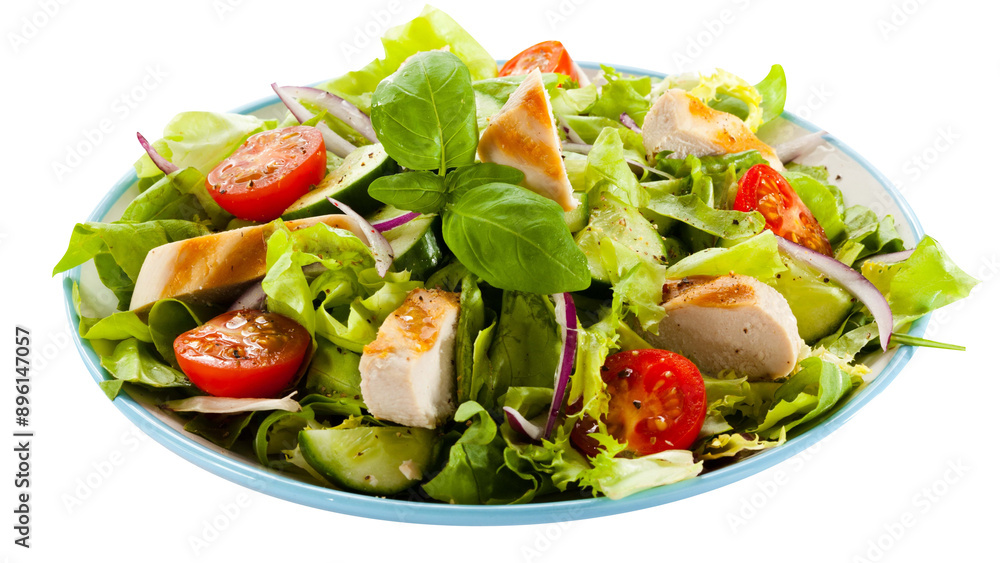 Fresh healthy vegetable Mediterranean salad of feta cheese, tomato, olives, green pepper and green basil leaves Fresh healthy vegetable Mediterranean salad of feta cheese, tomato, olives, green pepper and green basil leaves