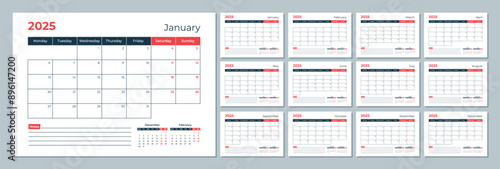 2025 calendar template. Corporate and business planner diary. The week starts on Monday. Set of 12 months pages.