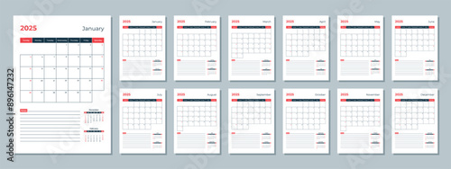 2025 calendar template. Corporate and business planner diary. The week starts on Sunday. Set of 12 months pages.