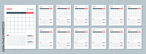 2025 calendar template. Corporate and business planner diary. The week starts on Monday. Set of 12 months pages.