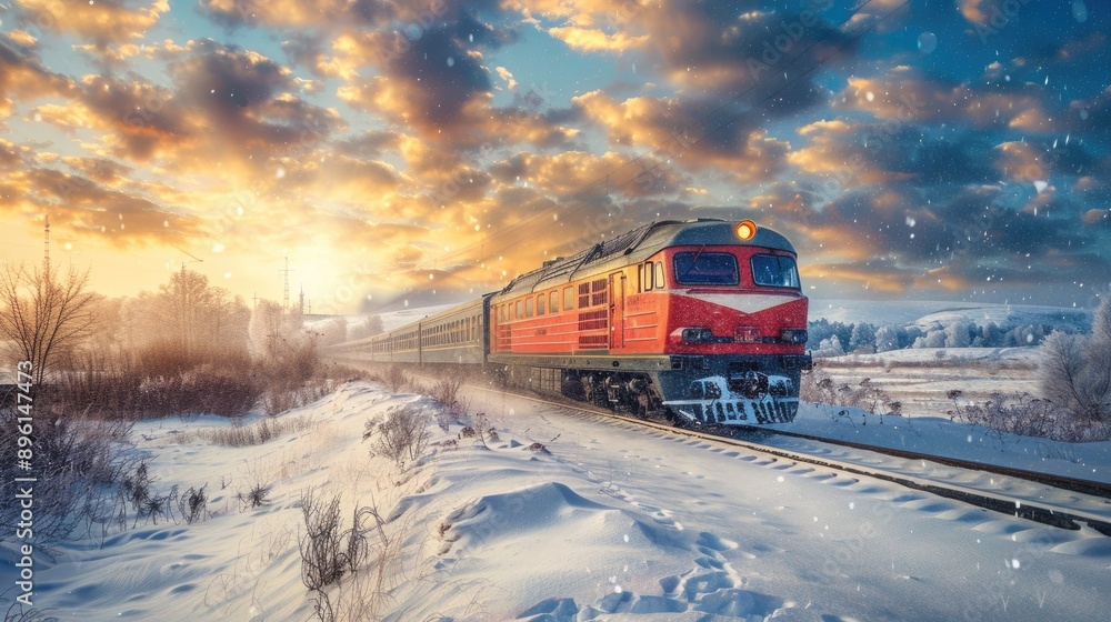Train crossing a snowy landscape in winter Train crossing a snowy landscape in winter