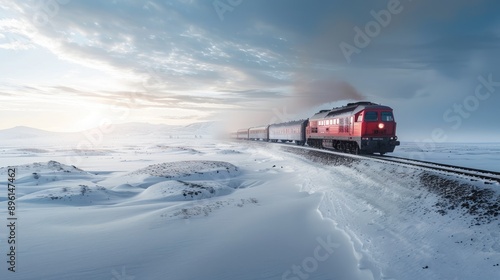 Train crossing a snowy landscape in winter