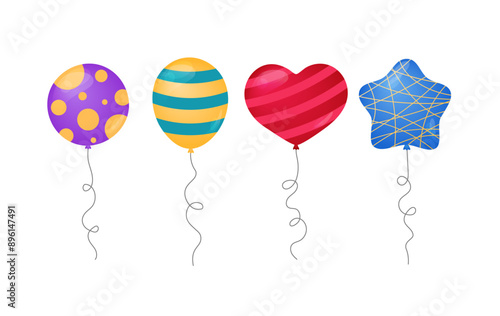 Balloons different shapes isolated vector illustrations. Various festive inflatable balloons decorated flat elements for Birthday, parties, events and other celebrations designs. Round, heart, star