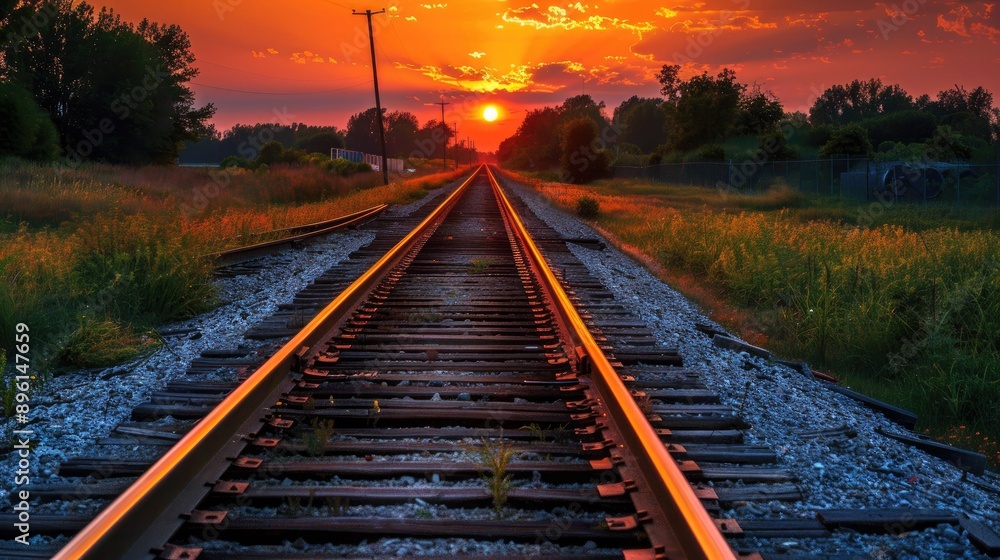 Train tracks leading into the horizon at sunset Train tracks leading into the horizon at sunset