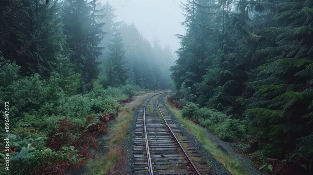 Fototapeta premium Train tracks running through a dense forest with morning mist