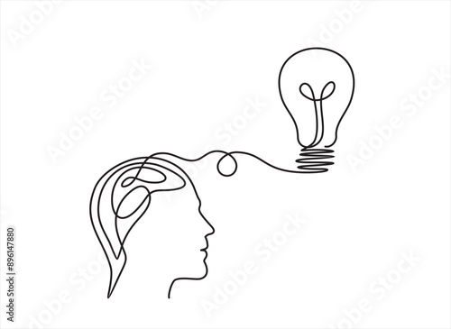 Lightbulb in head in One single Line drawing for logo, emblem, web banner, presentation. Simple lineart concept of idea and imagine. Vector illustration