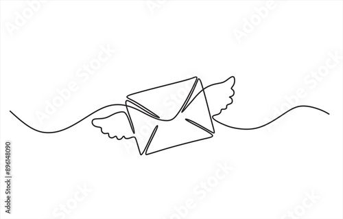 Flying envelope in continuous line art drawing style. Letter with wings minimalist black linear design isolated on white background. Vector illustration