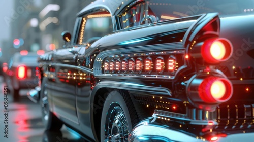 A classic black car with chrome accents and red taillights sits in traffic, illuminated by streetlights.