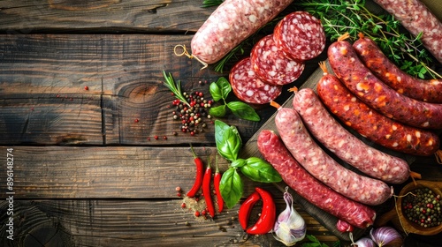 Variety of raw sausages with herbs and spices on a wooden table photo