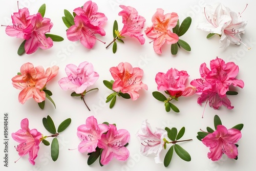 Collection of vibrant azalea flowers and green leaves.