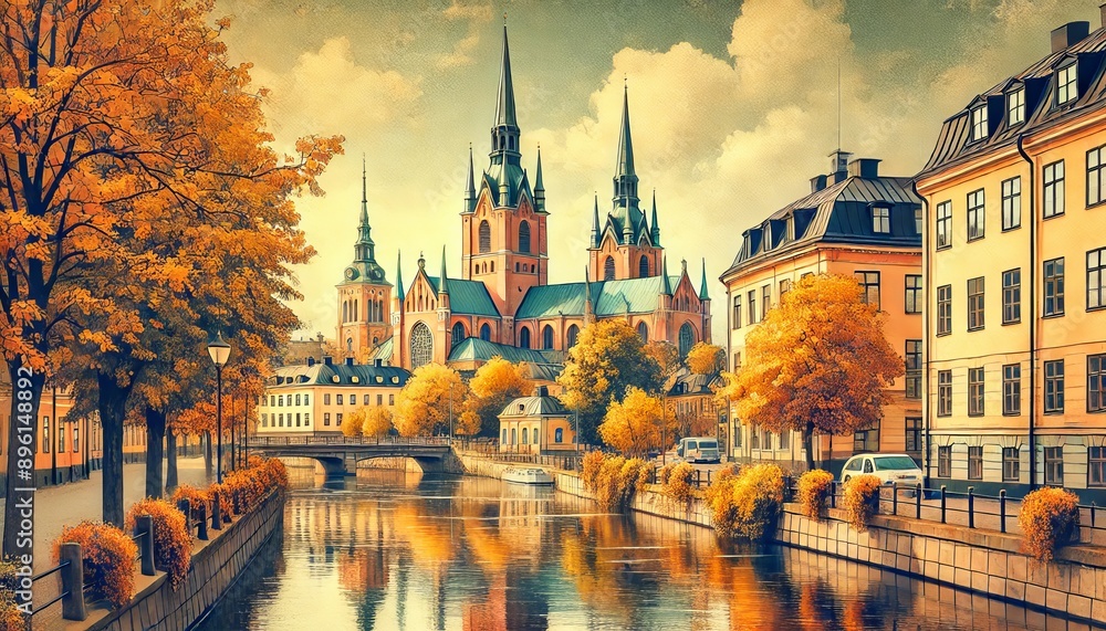 Fototapeta premium A autumn scene in Uppsala, Sweden, with Uppsala Cathedral, trees with golden leaves and reflecting Fyris River.jpeg