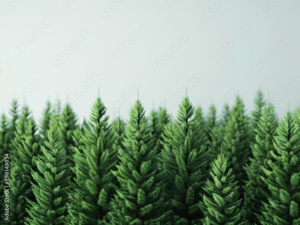 A lush row of evergreen trees against a light blue sky. Perfect for nature, forest, and environmental themes. A lush row of evergreen trees against a light blue sky. Perfect for nature, forest, and environmental themes.
