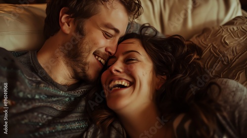 Happy couple lying on the bed, smiling and enjoying a cozy, intimate moment together indoors. © Tanapon Yoomon