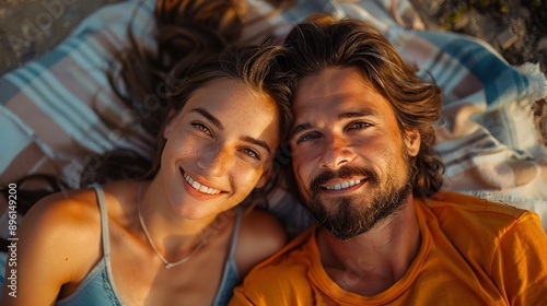 A happy couple lays on a striped blanket together as the sun sets behind them. They both smile and look at the camera photo