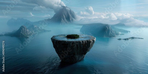 A mystical floating island with a lush green top surrounded by a calm blue sea. © Tanakorn