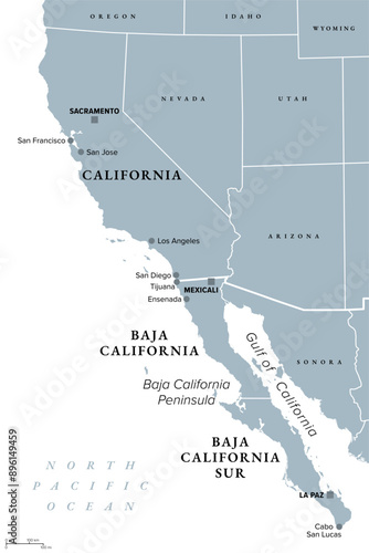 The Californias, a region of North America, gray political map. Spanning the United States and Mexico, consisting of U.S. state California and Mexican states Baja California and Baja California Sur.
