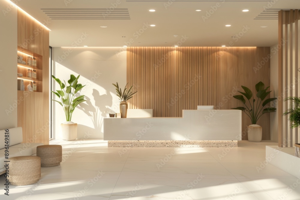 A tranquil spa reception area with a minimalist design, featuring clean lines and a soothing color palette. A tranquil spa reception area with a minimalist design, featuring clean lines and a soothing color palette.