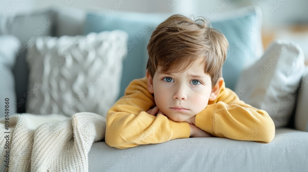 A young boy is sitting on a couch with his arms crossed and a frown on his face A young boy is sitting on a couch with his arms crossed and a frown on his face