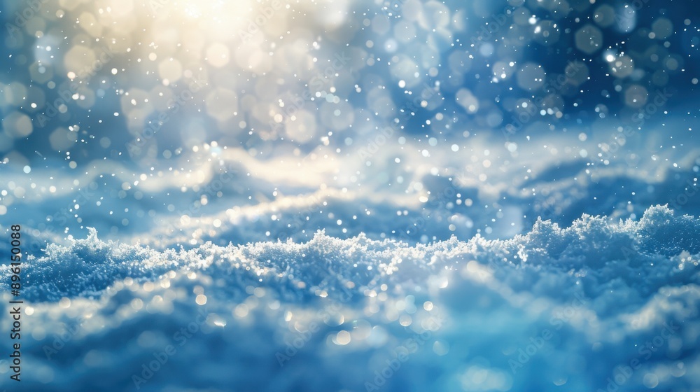 Snowflakes are falling on snowy ground during a winter sunset with bokeh Snowflakes are falling on snowy ground during a winter sunset with bokeh
