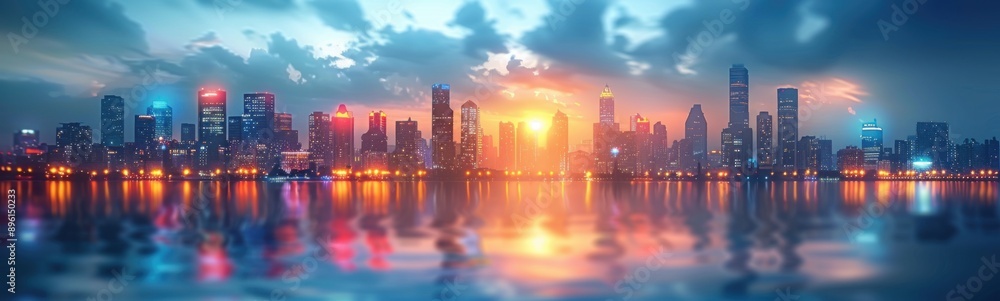 Fototapeta premium Nighttime view of a city skyline with a lake and a bright sun