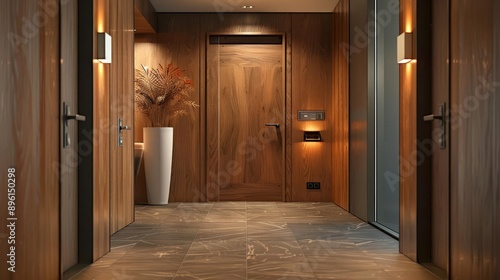 A chic wooden door with a modern handle, set within a stylish office corridor with subtle lighting © ngstock