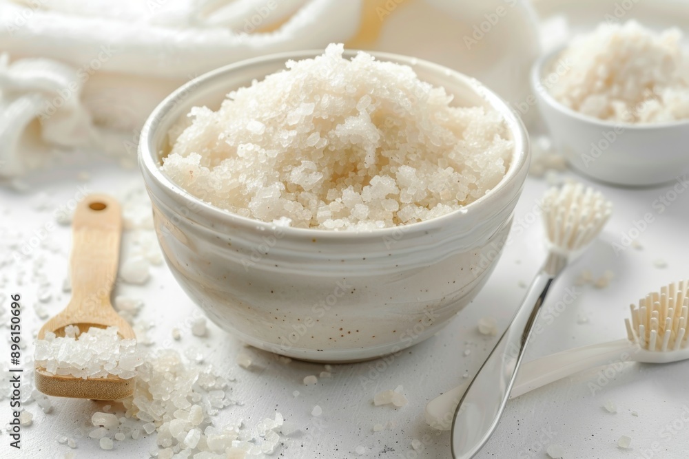 A serene illustration of a bowl of exfoliating salt scrub accompanied by delicate spa utensils, evoking a sense of tranquility and pampering. Perfect for promoting spa services or wellness products. A serene illustration of a bowl of exfoliating salt scrub accompanied by delicate spa utensils, evoking a sense of tranquility and pampering. Perfect for promoting spa services or wellness products.