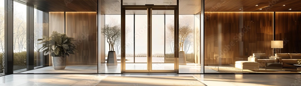 Fototapeta premium A contemporary office door with a large, clear glass panel and sleek silver handle