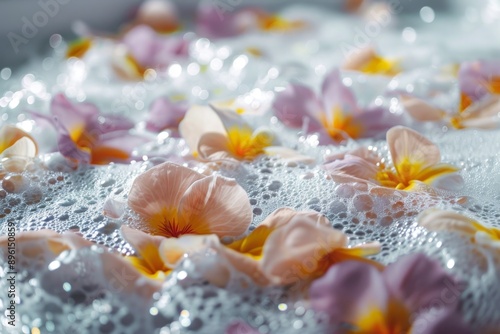 Indulge in a serene bath surrounded by delicate flower petals and soothing bubbles, perfect for relaxation and rejuvenation. The warm ambiance invites you to unwind and let go of all worries. photo