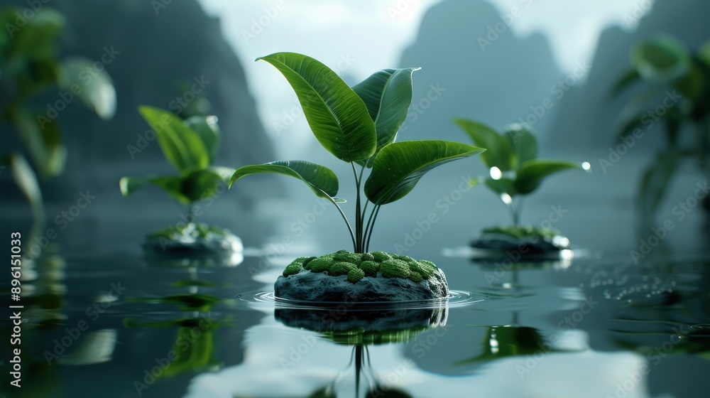 Small green plants growing on rocks floating in calm water with a mountainous backdrop. Small green plants growing on rocks floating in calm water with a mountainous backdrop.