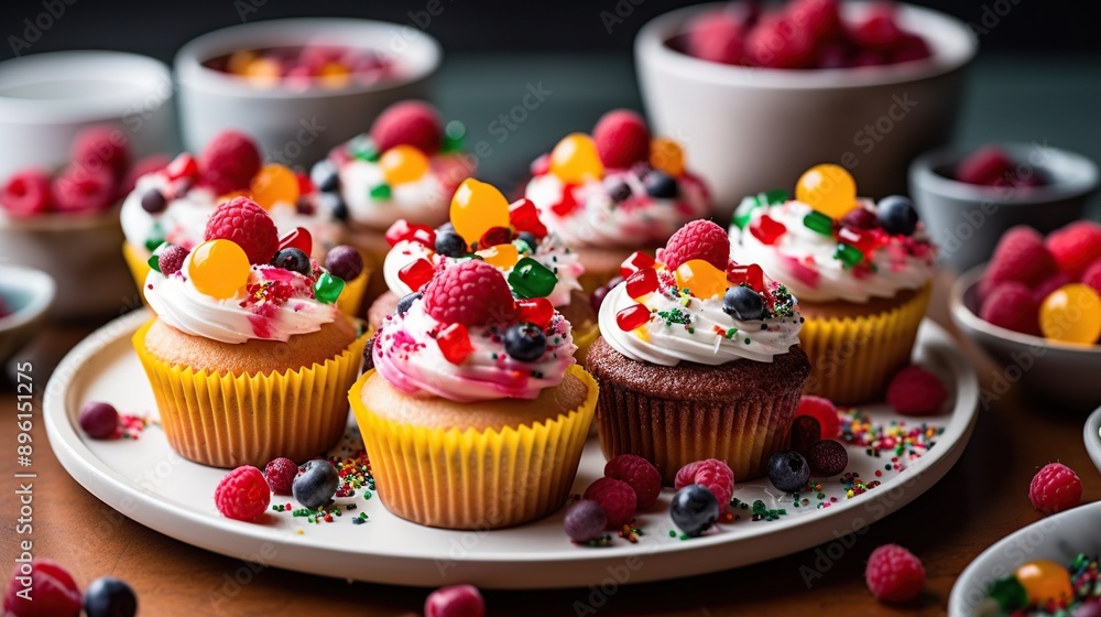 Illustration with assorted homemade cupcakes on cozy kitchen indoor background. Tasty pastry products with different flavors. Illustration with assorted homemade cupcakes on cozy kitchen indoor background. Tasty pastry products with different flavors.