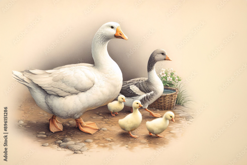A group of white geese with little goslings walks through the poultry yard A group of white geese with little goslings walks through the poultry yard