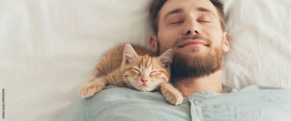 A person and their cat napping together on a bed, full body shot, natural lighting, with copy space A person and their cat napping together on a bed, full body shot, natural lighting, with copy space