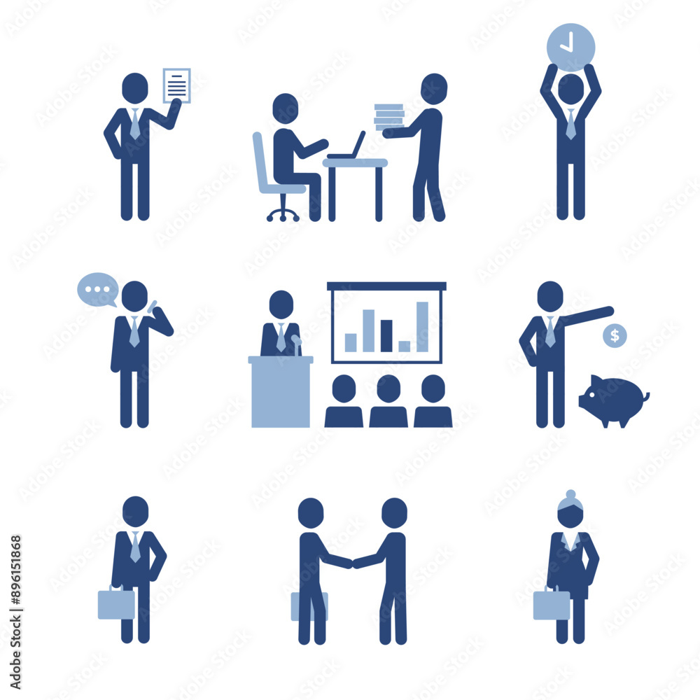 Fototapeta premium Corporate concept icon set. Simple blue pictograms with office characters isolated on white background.