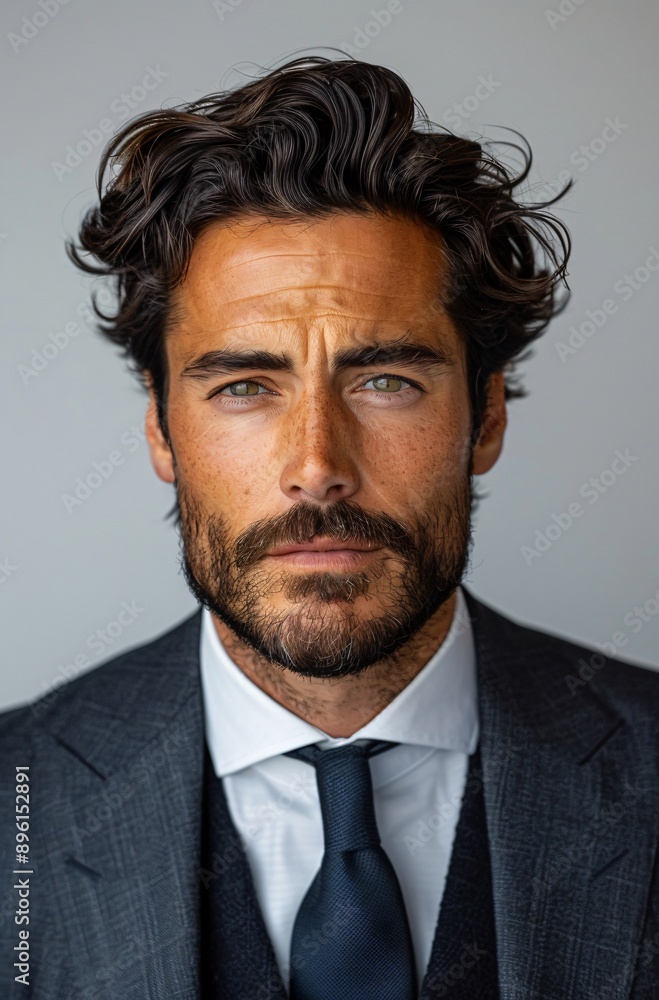 A man with wavy brown hair and a beard, wearing a dark blue suit, white shirt, and a dark blue tie, looks directly at the camera A man with wavy brown hair and a beard, wearing a dark blue suit, white shirt, and a dark blue tie, looks directly at the camera