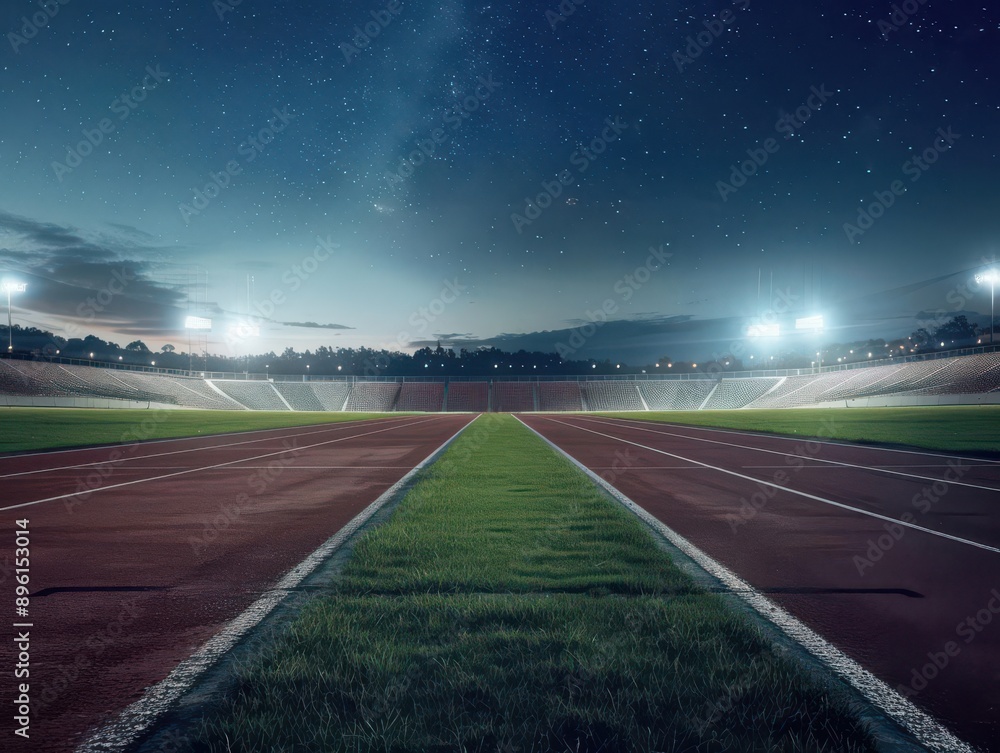 A tranquil sports arena at night, illuminated by bright lights, offering a serene view of the empty racing track and grassy field. A tranquil sports arena at night, illuminated by bright lights, offering a serene view of the empty racing track and grassy field.