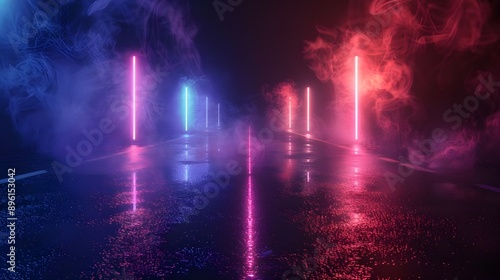 An aged, damp asphalt road with neon lights and smoke set against a dark backdrop is rendered in 3D. It's an ominous metropolitan landscape with moody lighting and a foggy appearance.