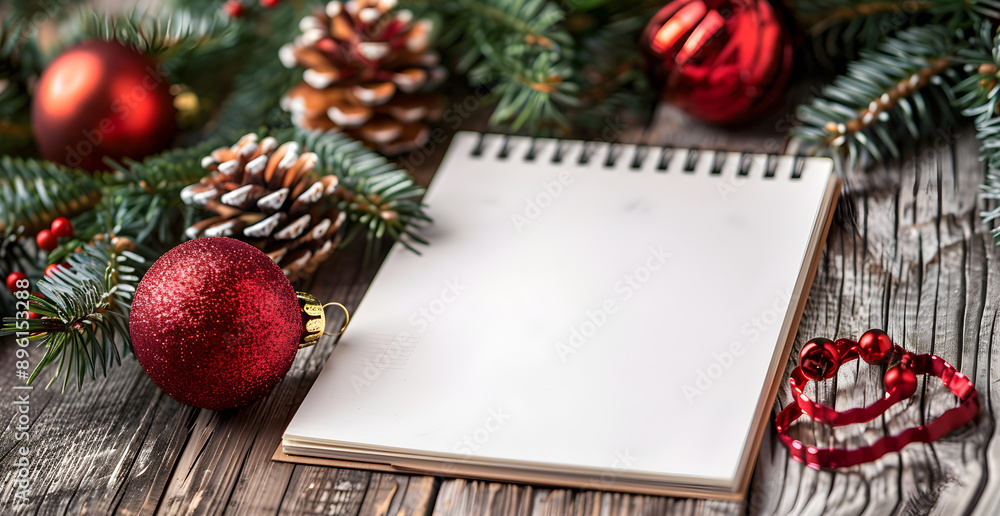 Fototapeta premium A notebook with a red Christmas ornament on top of it