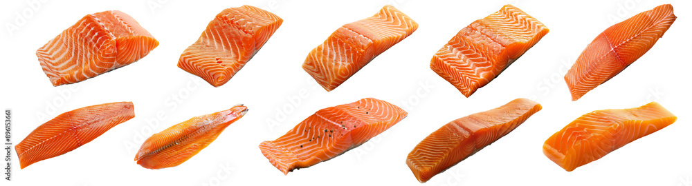 Fillet Salmon or Trout fish collection for steak menu isolated on background, popular fish for with high protein and nutrients. Fillet Salmon or Trout fish collection for steak menu isolated on background, popular fish for with high protein and nutrients.