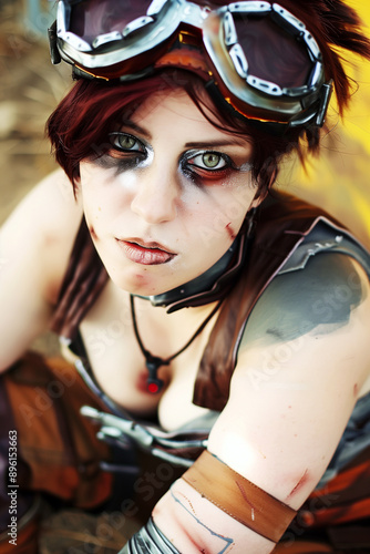 Crazy looking Cosplay Girl in apocalyptic Costume. End of Time Cosplay Girl. photo