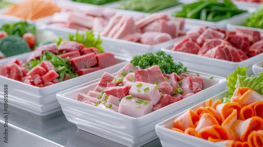 A variety of vegetables are displayed in white bowls, including carrots, onions A variety of vegetables are displayed in white bowls, including carrots, onions