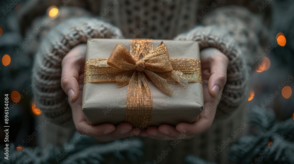 Someone holding a wrapped gift in their hands with a gold ribbon Someone holding a wrapped gift in their hands with a gold ribbon