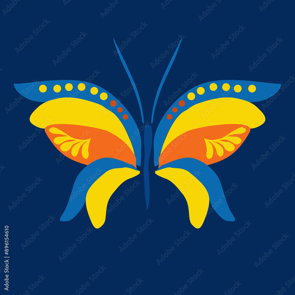 Obraz premium Beautiful butterfly. Stylized floral ornament. Flower symbol in yellow and blue colors. Summer mood