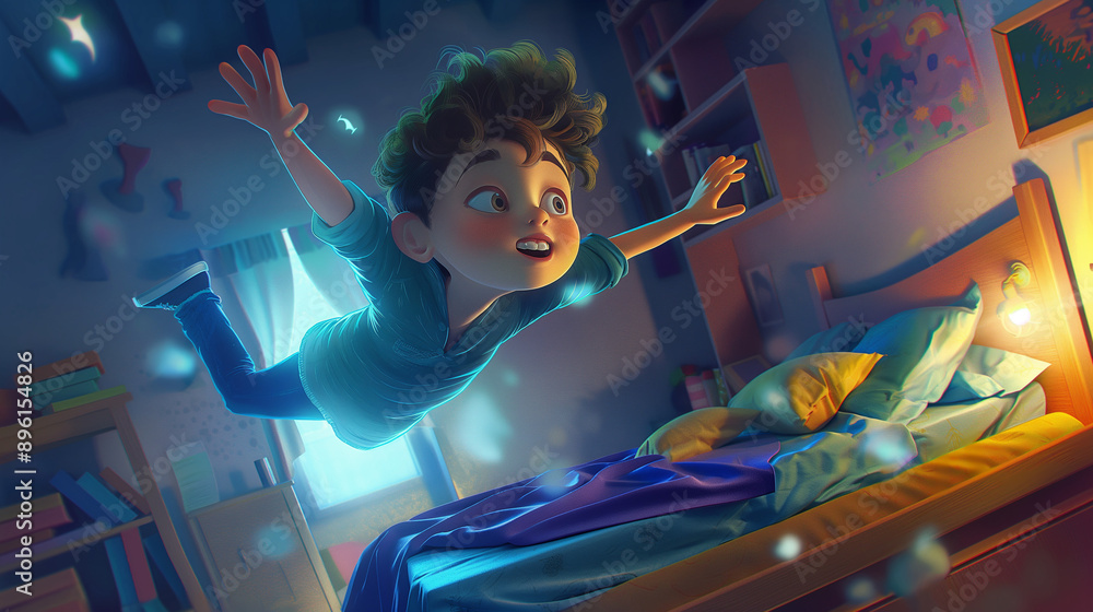 Illustration of a child floats from bed towards window in dreamlike adventure. Illustration of a child floats from bed towards window in dreamlike adventure.