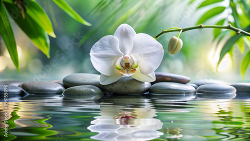 Serenity abounds in this spa-inspired still life featuring massage stones, a majestic white orchid, and its gentle reflection on calm water, evoking relaxation.