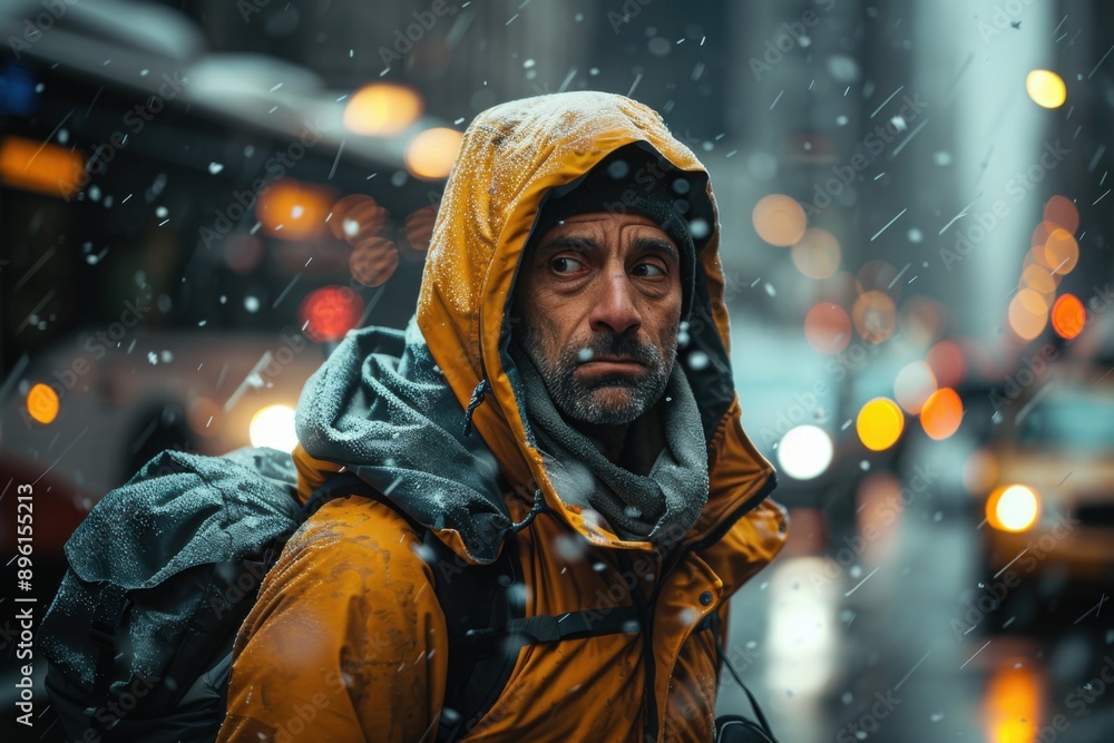 Man with a backpack walking down the street, worker portrait Man with a backpack walking down the street, worker portrait
