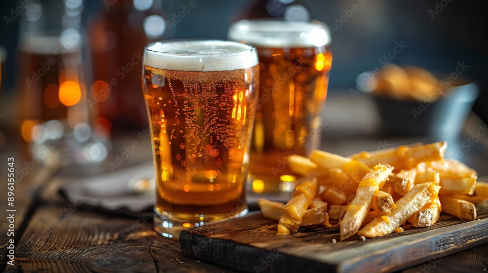 Two glasses of beer with a plate of cheesy fries on a rustic wooden board Two glasses of beer with a plate of cheesy fries on a rustic wooden board
