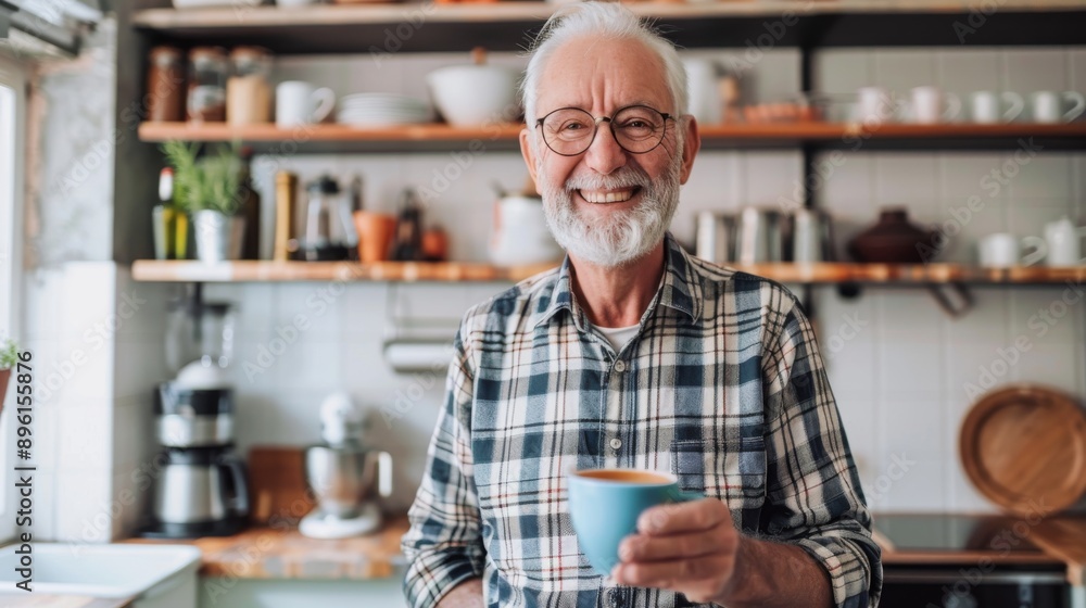 Grandpa carries a cup of coffee while smiling against the background of a neat and modern kitchen. Enjoy your retirement happily. Grandpa carries a cup of coffee while smiling against the background of a neat and modern kitchen. Enjoy your retirement happily.