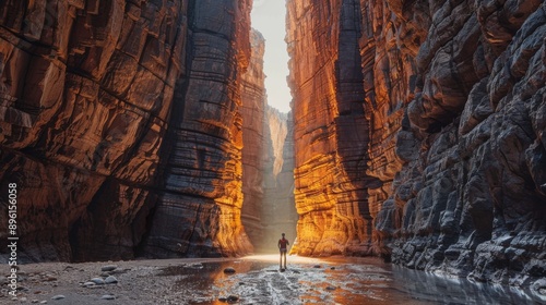 man with his back under some rocky mountain walls with a ray of sun coming in